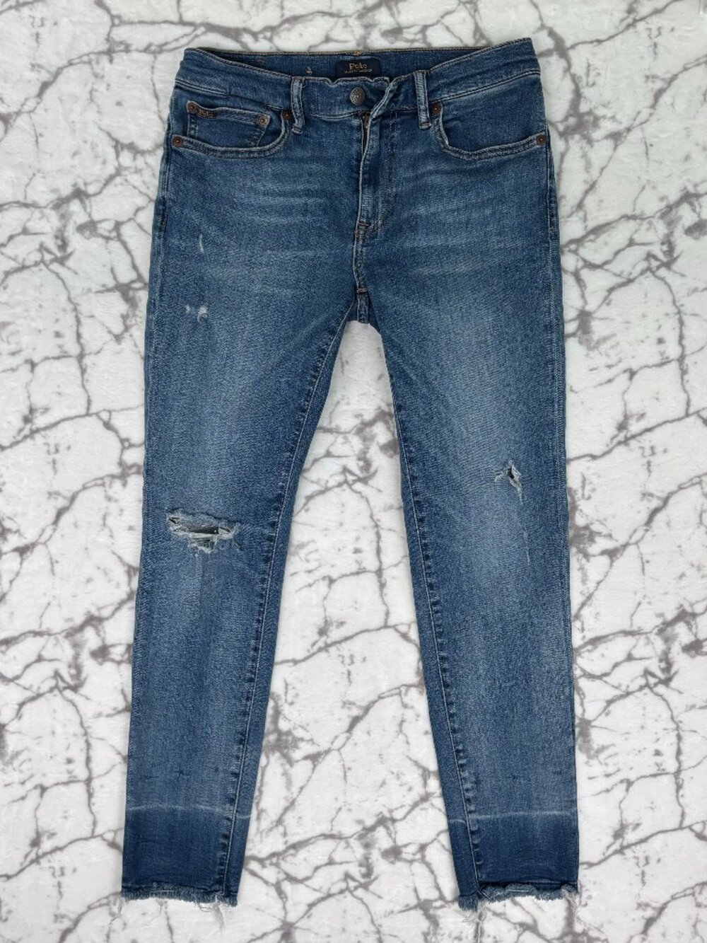 POLO Ralph Lauren Women's Jeans Size 28R Blue Distressed Straight Leg Frayed